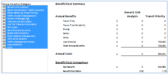 Screen capture of a Benefit-cost summary screen tallying benefits such as travel time, travel time reliability, energy, and safety as well as a total for annual costs. It also includes a benefit-cost comparios and ratio.