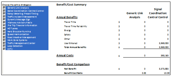 Screen capture of the benefit-cost summary page. The pate lists ou annual benefits broken down by travel time, travel time reliability, energy, safety, other, user entered, and total annual benefits. Annual costs are summed. Benefit-cost comparison, broken out into net beneft and benefit cost ratio is also depicted.