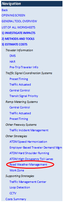 Screen capture of the TOPS-BC tool navigation panel with the road weather management strategy circled.
