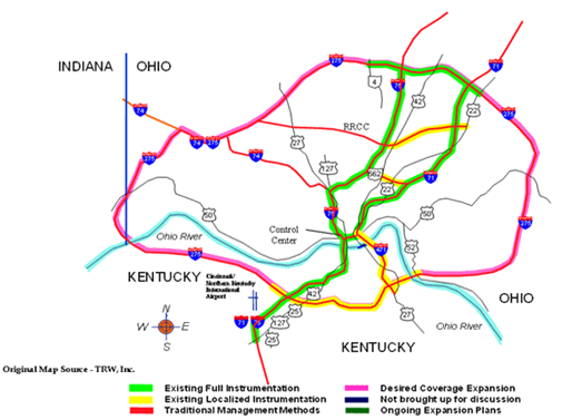Diagram depicting the Ohio-Kentucky-Indiana regional jurisdiction with color-coded routes indicating the way in which each particular segment was slated to be enhanced.