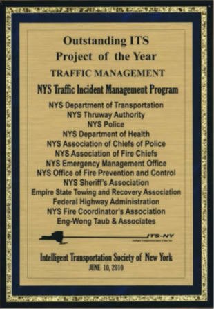 A photo of a plaque for 2010 Outstanding ITS Project of the Year award for the NYSDOT TIM Program.