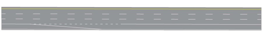 Double line sketch of a typical freeway shoulder use add. A diagonal white, solid line tapers to the right to open the shoulder lane up, while a white dotted line runs straight from the beginning of the taper point (parallel to the travel lanes) for several hundred feet to allow vehicles to transition onto the shoulder. After the lane add is complete, the dotted line separating the adjacent travel lane changes to a solid line.