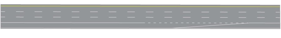 Double line sketch of a typical freeway shoulder use drop. A diagonal white, solid line forces vehicles on the shoulder to merge with mainline traffic in the adjacent lane, while the solid line that had been separating mainline and shoulder traffic changes into a dotted white line until end of the taper.