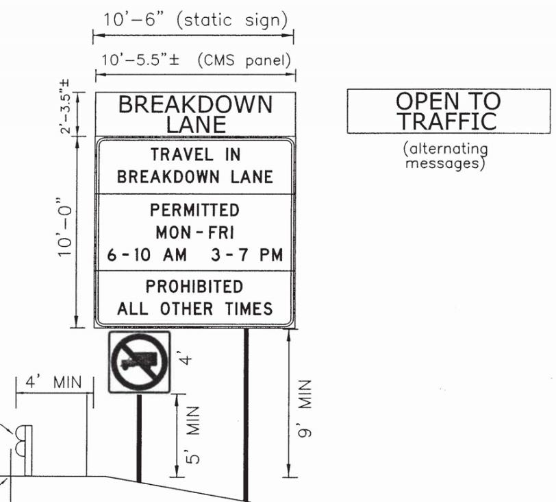 Illustration of a roadside regulatory sign with a dynamic sign mounted on top. The dynamic sign can either read, “Breakdown Lake” or “Open to Traffic”. The static regulatory sign below reads, “Travel in breakdown lane, Permitted Mon through Fri 6 through 10 AM 3 through 7 PM, Prohibited all other times”.