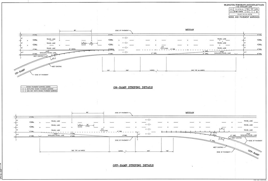 CAD drawing of on-ramp and off-ramp striping details used in Massachusetts. In the on-ramp scenario, the inside edge of the shoulder lane is solid until 100 feet past the physical gore of the on-ramp, where it becomes a skip stripe for approximately 200 feet. The inside pavement marking then transitions to dotted lines until 300+ feet past the point where the taper point of the entrance lane. In the off-ramp scenario, the inside edge of the shoulder lane is solid until the beginning of the taper for the exit lane, where it transitions to a dashed line. Approximately 300 feet upstream of the physical gore of the exit ramp, the inside edge pavement marking of the shoulder lane transitions to a dashed line for 200 feet and finally to a solid line 100 feet upstream of the physical gore.