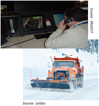 Two photos, the first of a TMC operator monitoring a roadway (Source: Missouri DOT) and the second of a snowplow clearing a road on a mountain (Source: Leidos).