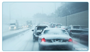 Rush hour traffic on a freeway during a snow event. Source: Fotolia