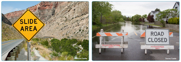 Two side-by-side photos, the first of a road in a mountainous area with a warning side in the foreground advising drivers that this is a (rock) slide area. The second contains two Type I barricades warning driver that the road is closed. In the background, flood water covers a two-lane roadway. The source for both images is Fotolia.