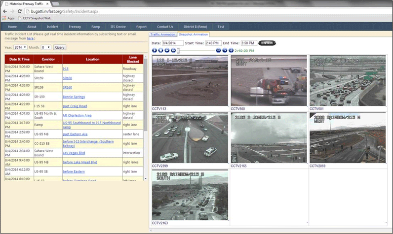 Screenshot of the Freeway Arterial System of Transportation (FAST) snapshot archiving function, in which closed-circuit television snapshot images taken at the incident location and adjacent roadway segments are archived in the FAST interface.