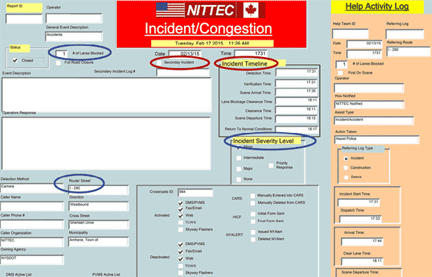 Figure 6 shows the Traffic Operations Center (TOC) incident entry screen used by the Niagara International Transportation Technology Coalition (NITTEC).
