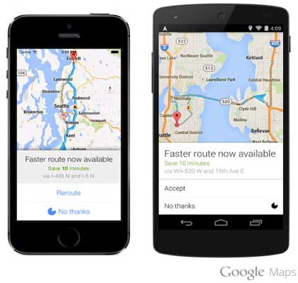 Two pictures of Google Maps new faster route feature on smart phones.