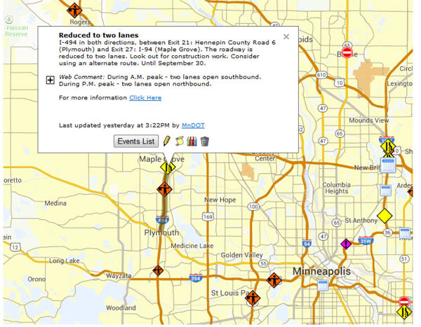 Screenshot of a map from Minnesota DOT's 511 website showing how individuals can search for future road work information and the details of current construction.