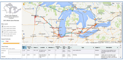 Screenshot of the Great Lakes Regional Transportation Operations Coalition's online work zone map for 2013.