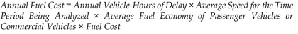 Figure 35 Equation: Annual Fuel Cost minus Annual Vehicle-Hours of Delay mulitplied by Average Speed for the Time Period Being Analyzed mulitplied by Average Fuel Economy of Passenger Vehicles or Commercial Vehicles mulitiplied by Fuel Cost.