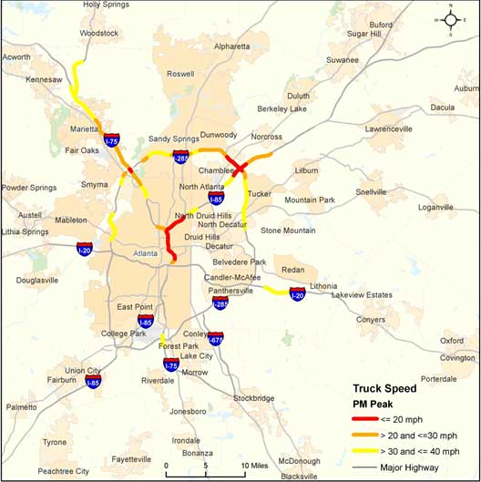 Figure 37 is a map of the Atlanta area showing the PM peak truck speeds on major highways. Speeds of less than 20 miles per hour, 20 to less than 30 miles per hour, and 30 to less than or equal to 40 miles per hour are shown. The speeds are pretty evenly divided between the three.