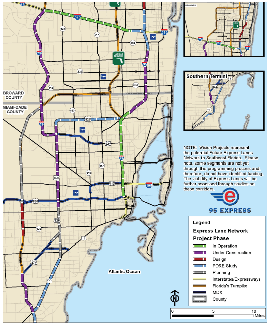 Map of teh South Florida 95 Express Lanes managed network, with color coded roadways to indicate in operation, under construction, in design, undergoing study, or in planning. Roadways are also designated Interstates/Expressways, Turnpike, MDX, or County.