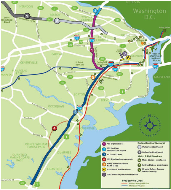 Map of the Northern Virginia managed lanes facilities and projects, including the I-495 Express lanes, 495 shoulder-use project, I-95 express lanes, I-95 shoulder improvements, the ramp from Fort Belvoir to I-95, the I-395 Auxiliary lane, and the I-395 HOV ramp at seminary road. The map also identifies the routes for the Virginia Rail Express lines, the Dulles Corridor Metrorail expansion phases 1 and 2, and the metro and rail services locations.