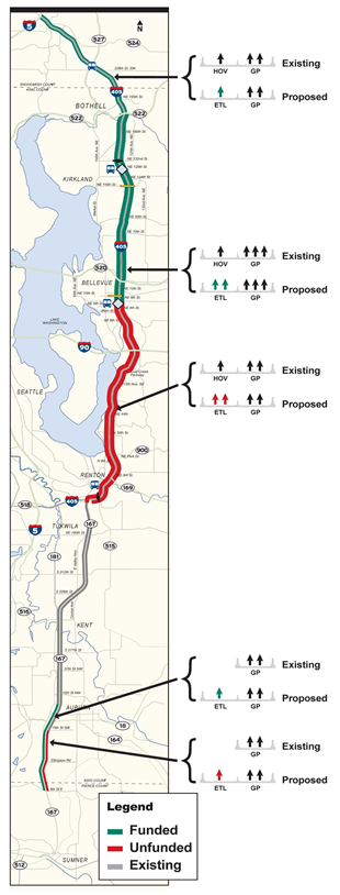 Map of the existing and proposed priced managed lanes on SR 167 and I-405. The map also indicates if the proposed segments are funded or unfunded.