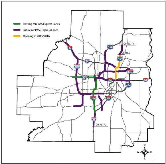 Map of the Minneapolis/St. Paul region with existing and future managed lanes, as well as those planned to be opened in 2016, highlighted.