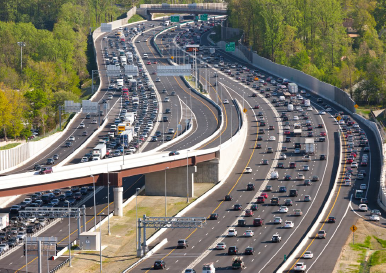 Aerial photo depicts a merge area where express lane users enter and exit the express lanes.