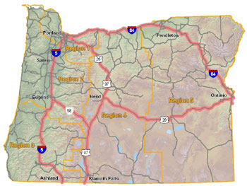 Figure 10. Map showing the five Oregon DOT Regions.