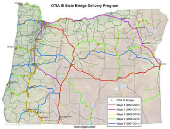Figure 11. Map showing Oregon's Bridge Delivery Construction Staging for the corridors.