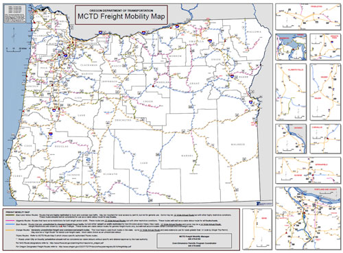 Figure 12. Map of the Oregon Motor Carrier Transport Division Freight Mobility that was used for tracking unrestricted routes throughout the duration of all of the bridge projects.
