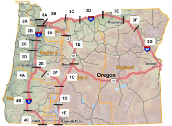 Figure 13. Map of the 6-116 mile corridor segments used in Oregon for establishing delay thresholds.