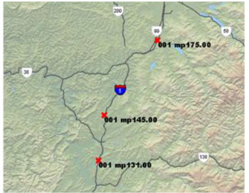 Figure 14. Map of the three bridge projects scheduled during the same stage in segment 4A.