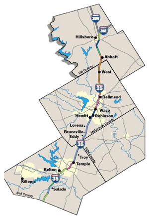 Figure 3. Map showing the I-35 construction limits in Texas from Salado to Hillsboro.