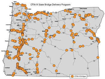 Figure 9. Map showing the location of Bridges in the Oregon State Bridge Delivery Program.