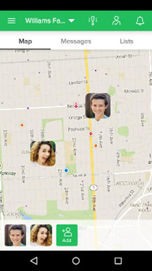 GPS Tracker Pro mobility app, the interface screenshot shows the different options to find and track the user friends and their locations