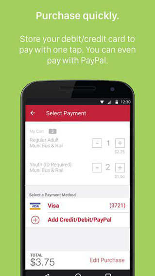 MuniMobile app screenshots showing the user interface and mobile fare payment. Source: Google Play Store