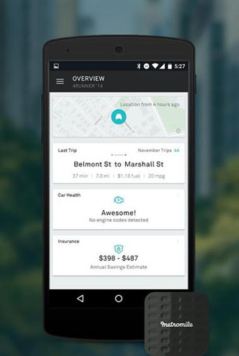 Metromile diagnostic plug and Metromile app depicting trip information