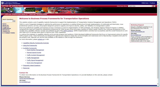 Figure 1 shows a screenshot of the online tool, which in this case is the starting page to access each of the program area tools. Program areas that can be selected are: Traffic Management, Traffic Signal Systems, Traffic Incident Management, Road Weather Management, Planned Special Event Management, and Work Zone Management.
