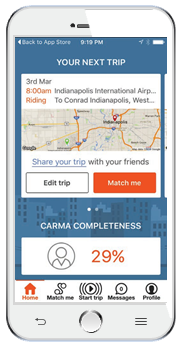 Screen capture of a smart phone depicting the Carma carpool application.