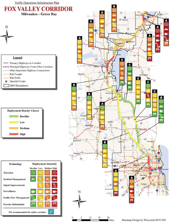 Figure 18. Map. Milwaukee-Green Bay corridor transportation systems management and operations deployment density.