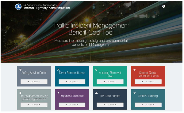 Screenshot of the Traffic Incident Management Benefit-Cost Tool navigation page with panels linking to all eight sub-tools.