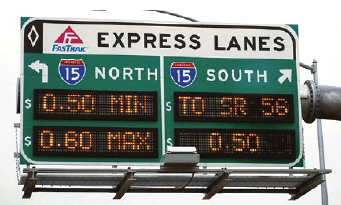 Variable signs above the FasTrak Express Lanes in the Bay Area (California), display information on tolls for individual drivers can pay a toll to drive in express lanes, while carpools can travel toll-free. 