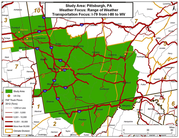 Figure 10 is a map showing the study area along Interstate 79 in the Pittsburgh, Pennsylvania region.