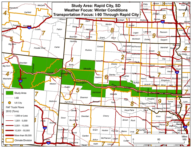 Figure 12 is a map showing the study area along Interstate 90 in the Rapid City, South Dakota region.