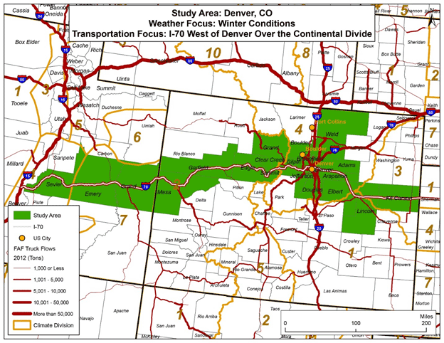 Figure 2 is a map showing the study area along Interstate 70 in Colorado and Utah.