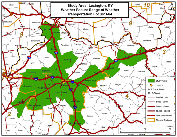 Figure 7 is a map showing the study area along Interstate 64 in the Lexington, Kentucky region.