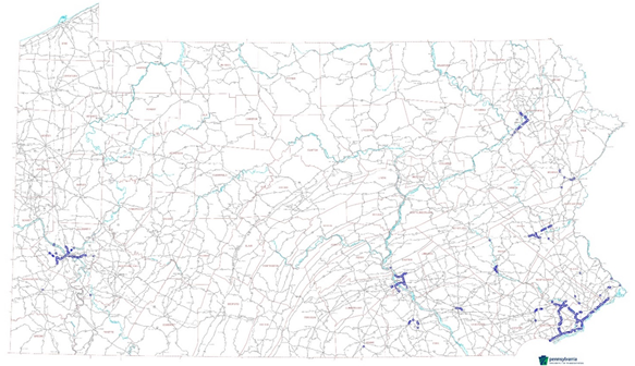 Title: Figure 2. Graph. Pennsylvania Department of Transportation 2005 to 2007 Incident Factor Statistics Map. - Description: This graphic is a map of Pennslyvania roadway network. Roadways with incident factors greater than 4 are colored in purple. The roadways in Philadelphia and Pittsburgh in particular show incident factors coloring their roadways purple. Graphic is provided courtesy of the Pennsylvania Department of Transportation.