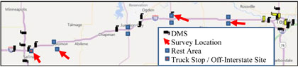 Figure 3. Map depicting the DMS Locations and four survey locations on the I-70 Study Corridor in Kansas between Topeka and Salina.