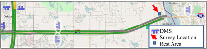 Figure 4. Map depicting the Three Minnesota DOT DMS locations and survey location on the I-94 Minnesota Study Corridor east of St. Paul to the Wisconsin state line, including one Located in Wisconsin.