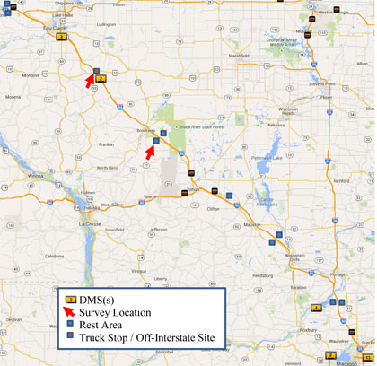 Figure 5. Map depicting the Current DMS Locations and two survey locations on the I-94 Wisconsin Study Corridor from Madison in the southeast and through Eau Claire to the northwest.