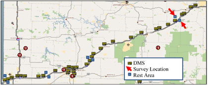 Figure 6. Map depicting the DMS Locations and two survey locations on the I-44 Study Corridor west of St. Louis to the Oklahoma state line.