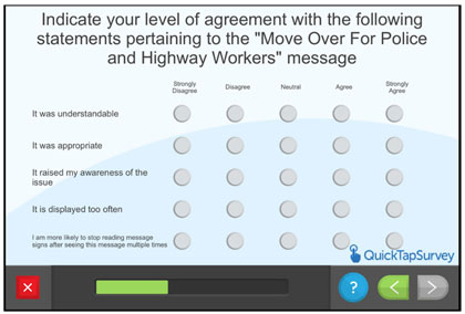 Questionnaire screen - Indicate your level of agreement with the following statements pertaining to the 'Move Over For Police and Highway Workers' message
