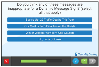 Questionnaire screen - Do you think any of these messages are inappropriate for a Dynamic Message Sign?